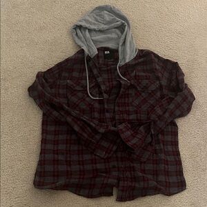 Men’s Plaid Flannel Shirt w/ Gray Hoodie Layered Look Red & Black Button Down